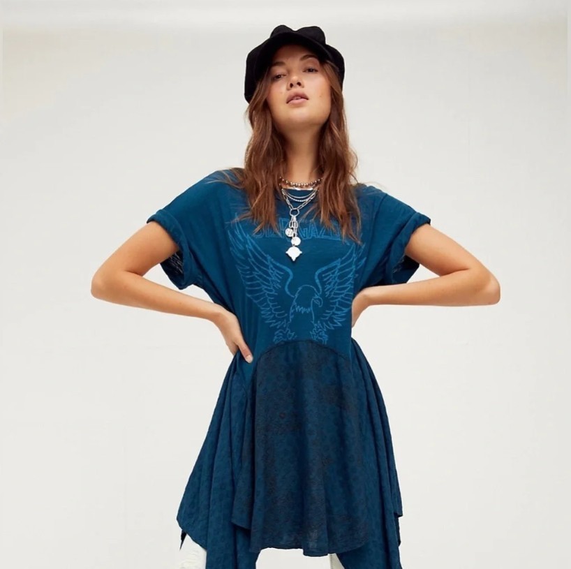 free people THE JERRY LOUNGE teal blue star gazer eagle boho t shirt DRESS top S