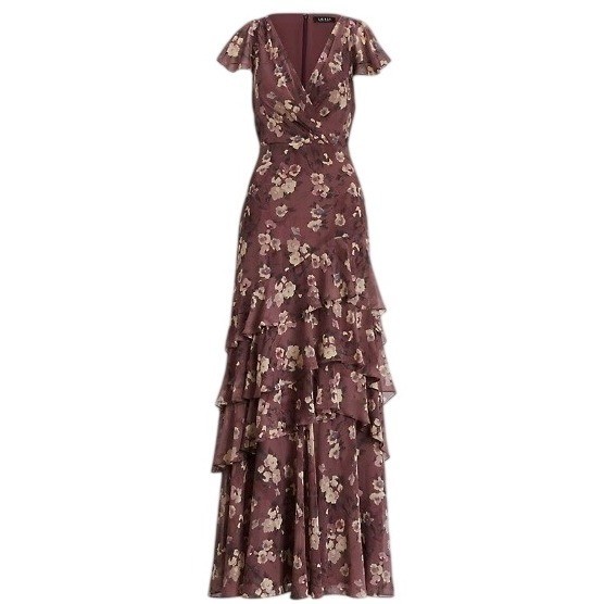 Ralph Lauren Maxi Dress Georgette Chiffon Floral Layered Ruffles Cottagecore 8