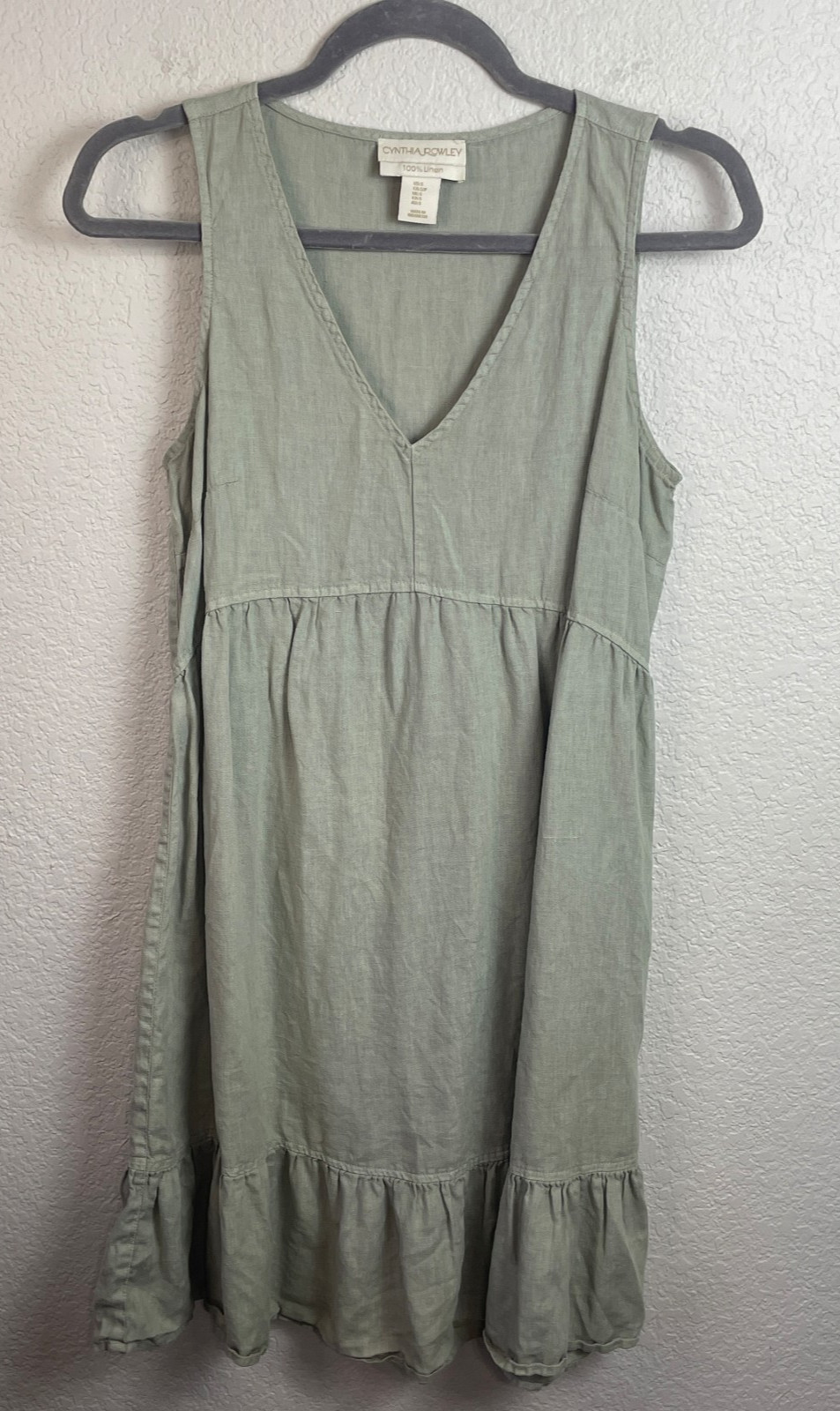 Cynthia Rowley Linen Dress Small Green Sleeveless Ruffle Hem Lagenlook Beachy