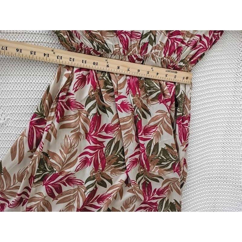 Parisian NWT Tropical Leaf Maxi Dress S 100% Cotton Pink Green Long Slv $158