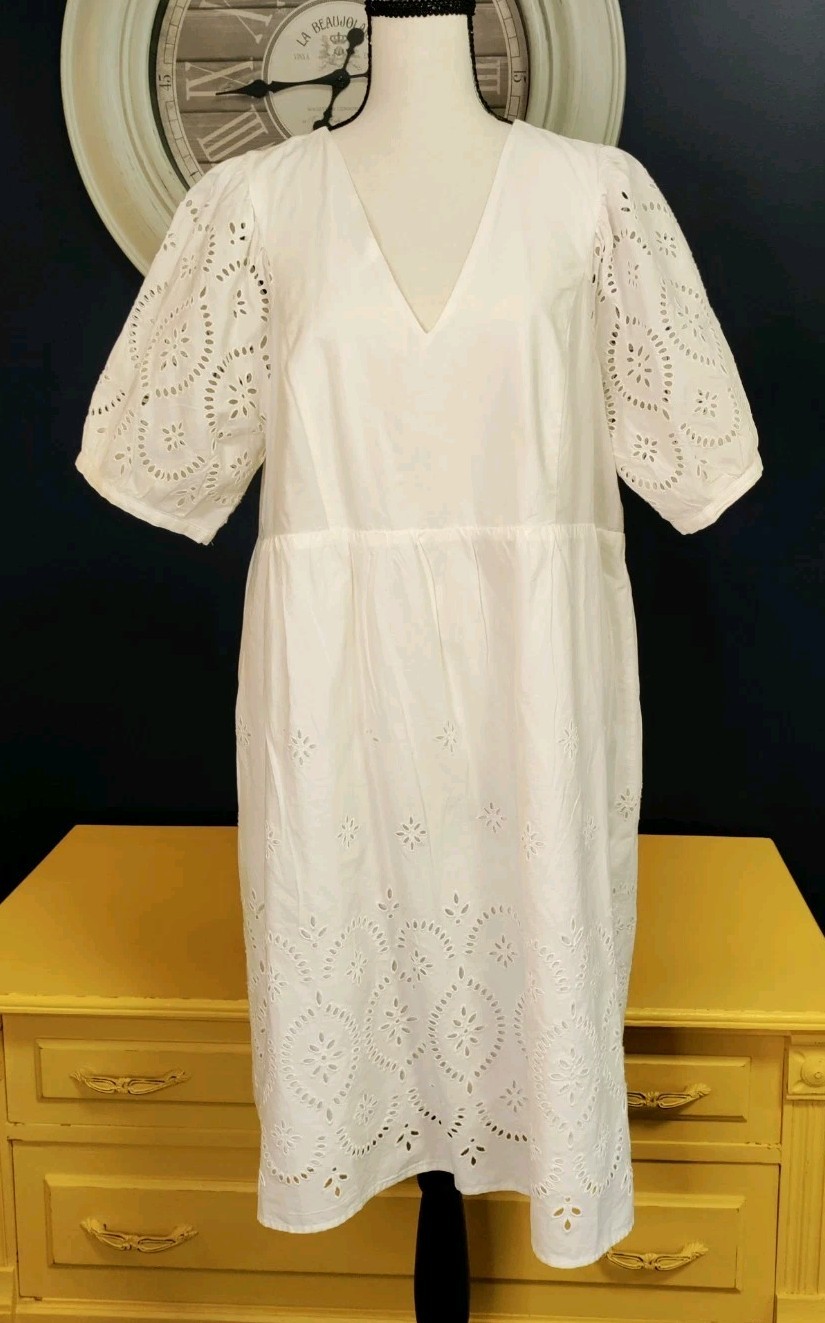 Boho Midi Dress Size Large White Eyelet Embroidered Beachy Sundress Cotton EUC