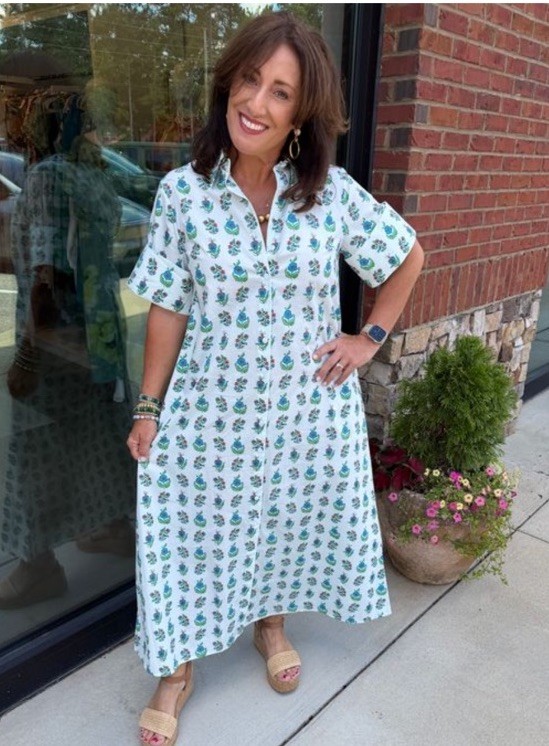 LIVRO Gibbons Dress Small Beach Sprigs NWT Maxi Shirt Dress Pockets Button