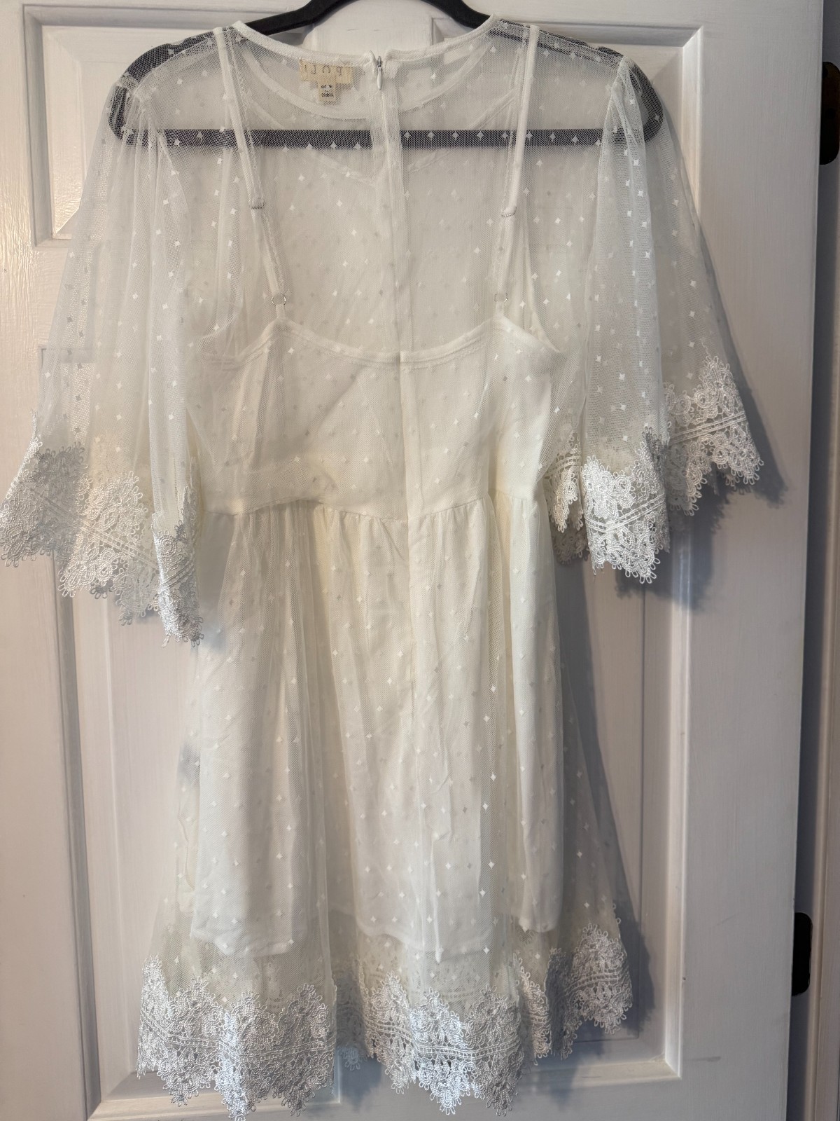 POL sheer overlay embroidered white dress. Slip dress. 3/4 bell sleeves. Large
