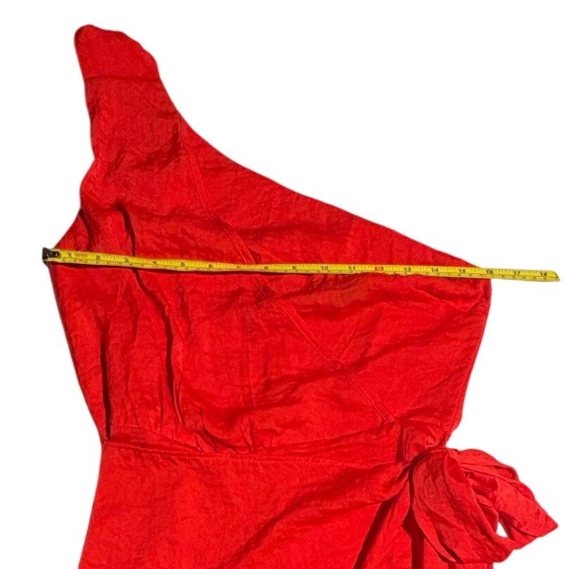 Red One Shoulder Textured Mini Wrap Dress Side Tie Med Wedding Guest Going out