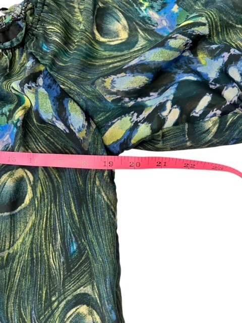 Belle Du Jour Mini Shift Dress M PEACOCK Feathers Ruffles BOHO Lined SUPER CUTE!