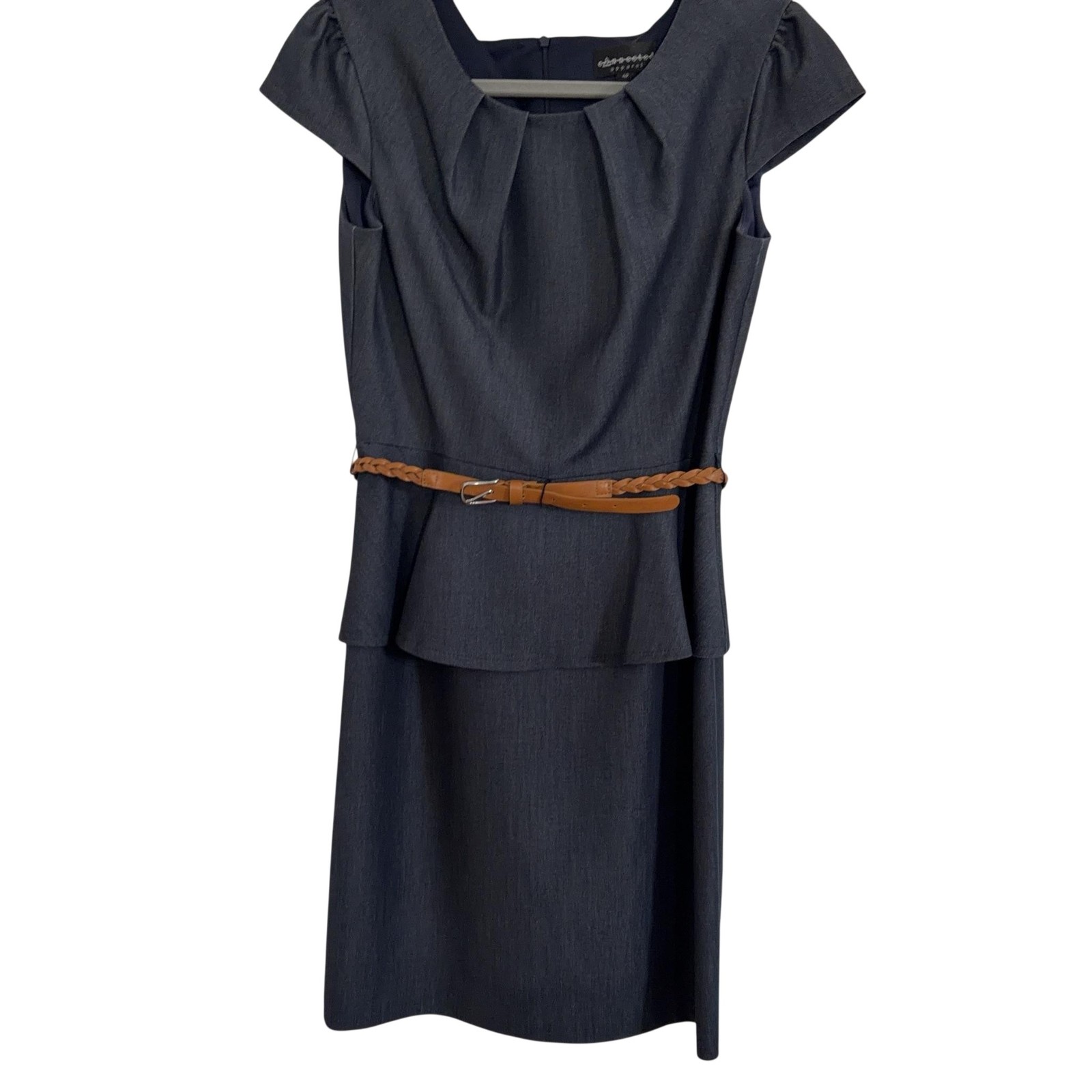 Connected Apparel Dress Womens 4P Gray Belted Sheath Cap Sleeve Knee Length