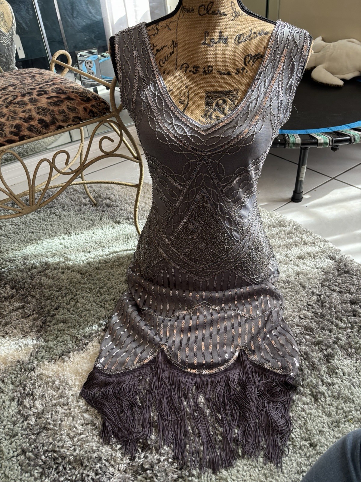 BABEYOND Gray Sequin Fringe Beaded Mesh Sheath Dress V-Neck Sleeveless S