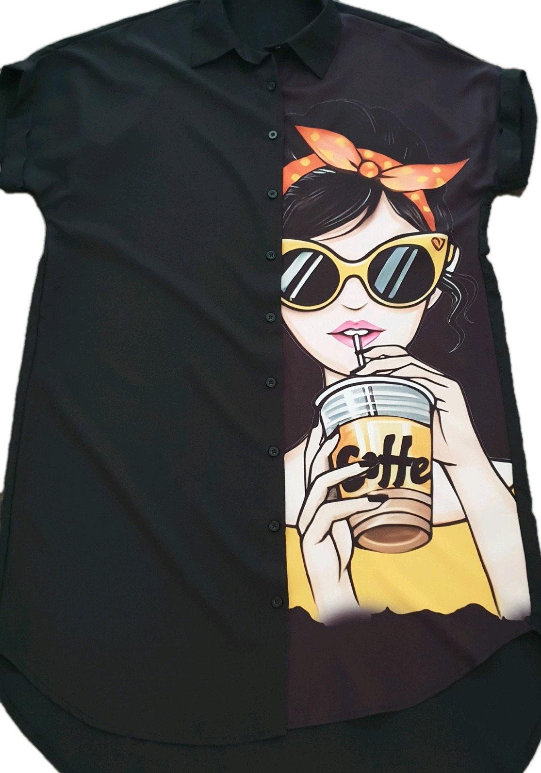 Cute Girl Portrait Print Oversized Dipped Hem Kaftan Cover-up Shirt Dress