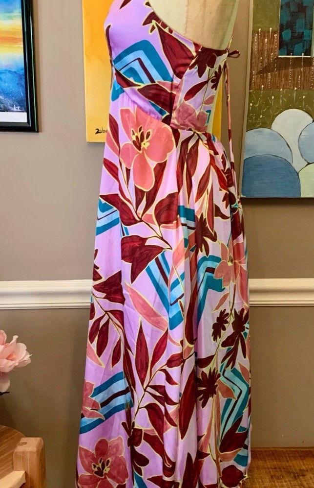 VICI Pink Abstract Floral Satin Midi Dress Handkerchief Hem Medium