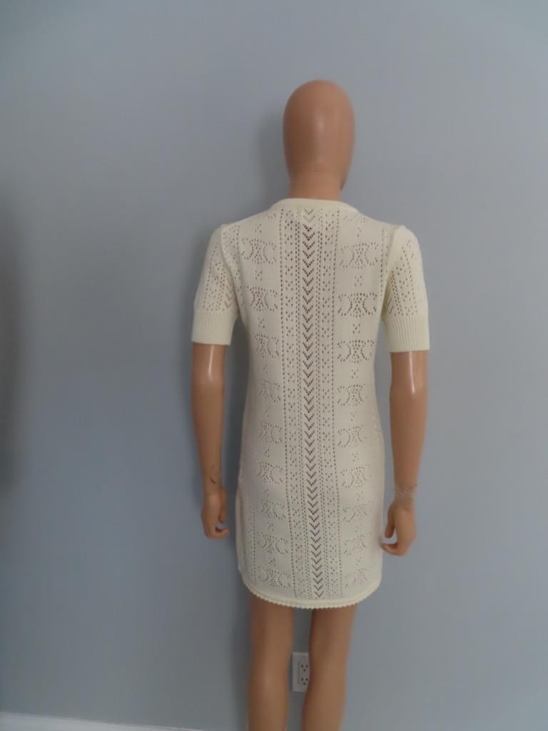 CELINE Ecru Cotton Open Pointelle/Triomphe Knit Dress Size S