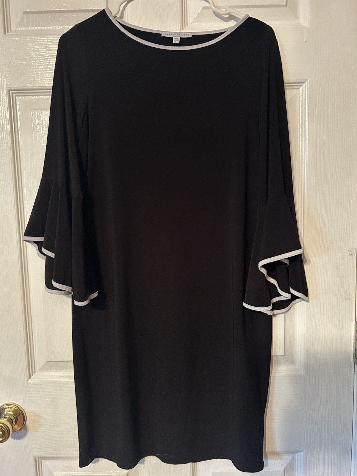Womens Annalee + Hope Black Dress 3/4 Bell Sleeve White Trim Knee Length SzLNWT