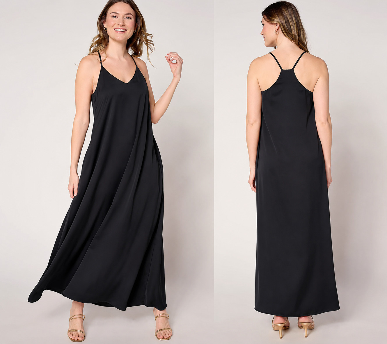 nicole by Nicole Miller Satin Maxi Dress w/ Shelf Bra Very Black Small #14*