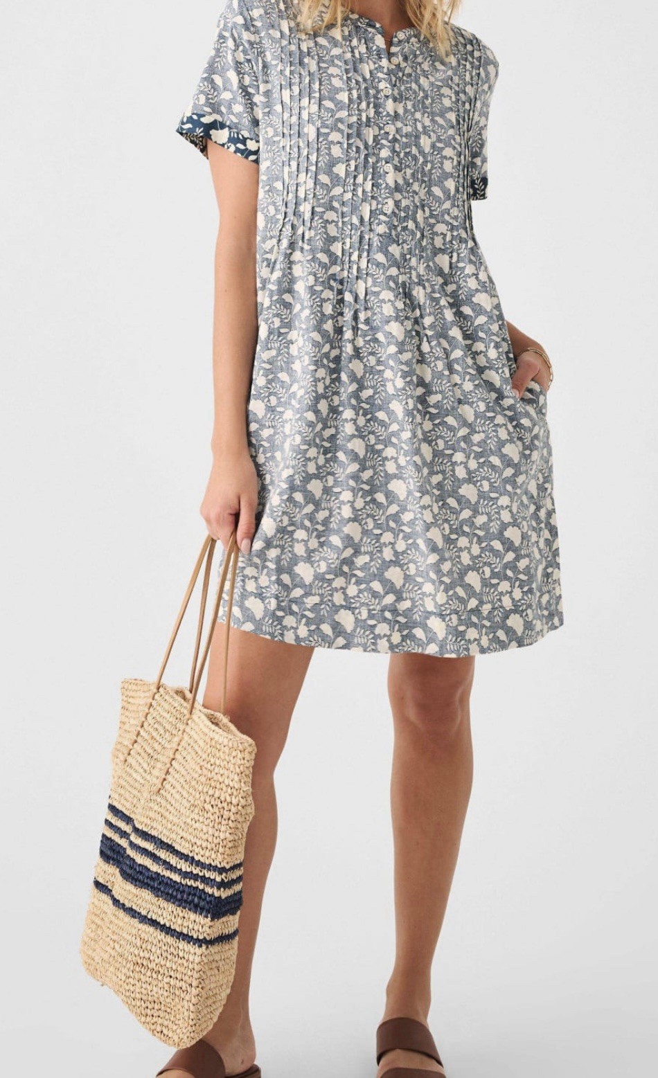 Women Faherty Dress XS Gemina Floral Linen Blend Shift Short Sleeve Pintuck Boho