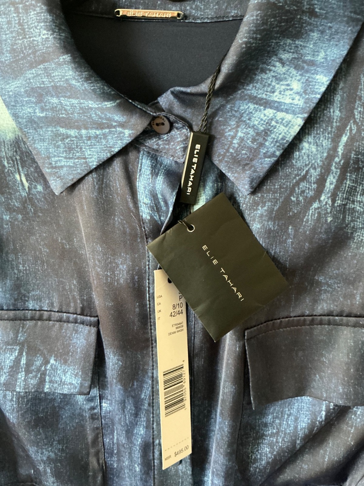 Elie Tahari Button Down Collar Navy Blue satin midi Dress Sz S Women’NWT$495