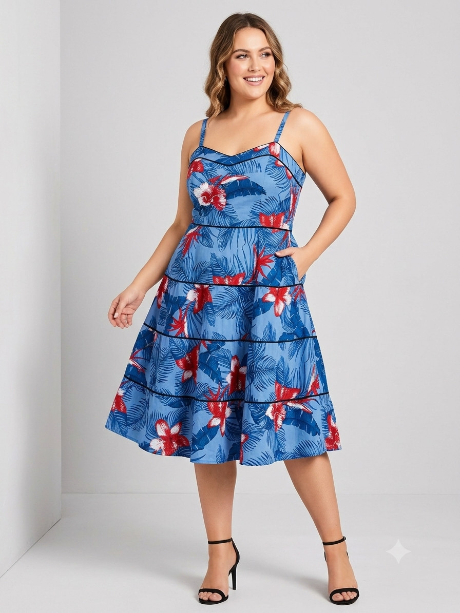 NWT Womens City Chic Blue Hawaii Palm Print Fit Flare Dress Plus Size M/18