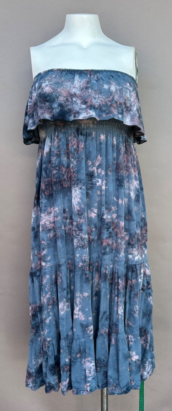 Blue Tie Dye Strapless Smocked Midi Dress M L Tiered Boho Ruffle Summer Beach