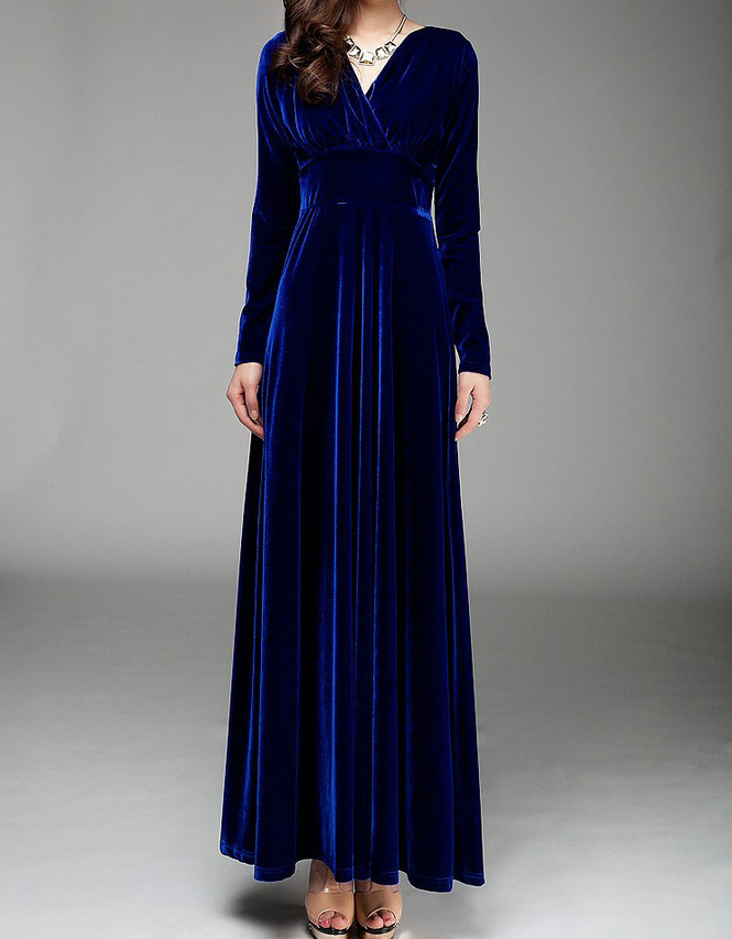 Women Velvet V Neck Swing Dress Long Sleeve Ball Gown Cocktail Party Maxi Dress
