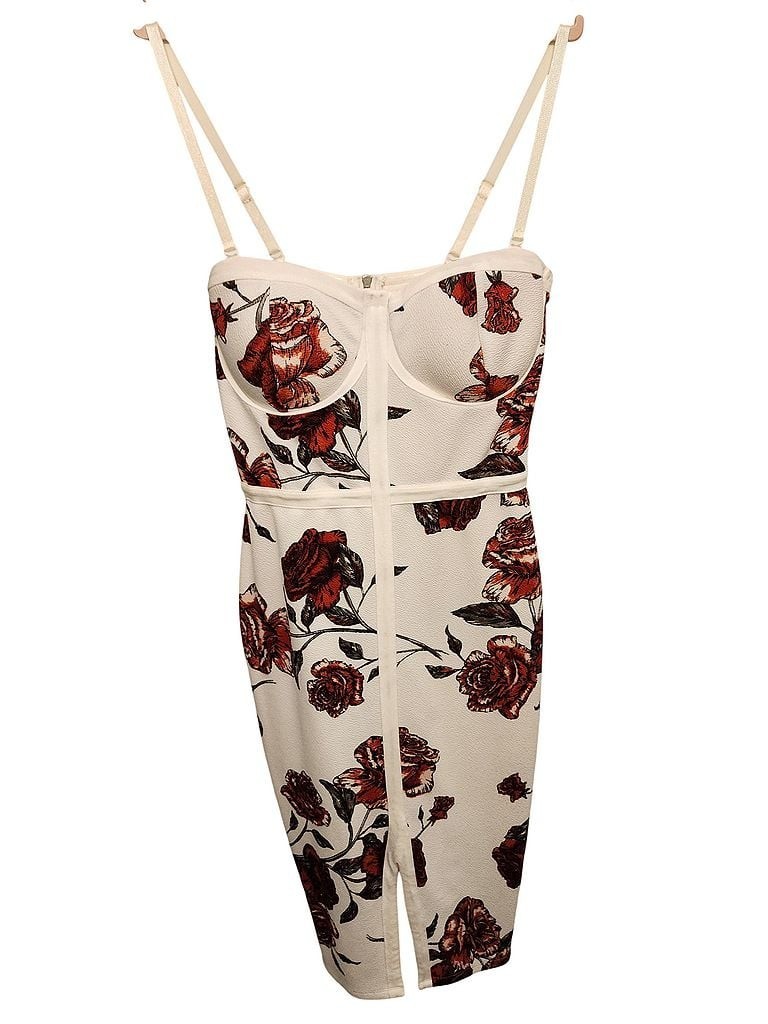 Material Girl White Dress with Rose Prints, Middle Slit, Medium
