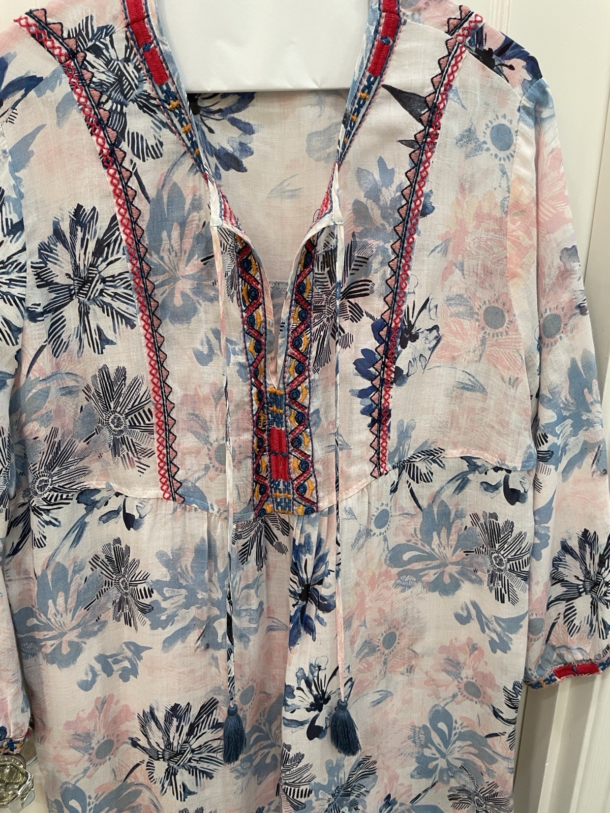 Johnny Was Pink and Blue Floral Embroidered Long Sleeve Dress Size M