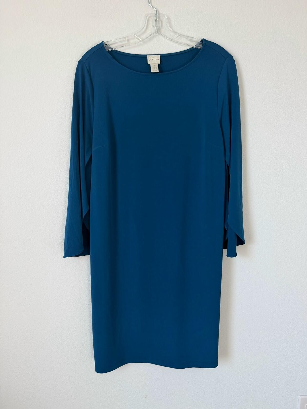 Chico’s Split 3/4 Sleeve Round Neck Teal Blue Stretch Dress Women’s Size 1 (M)