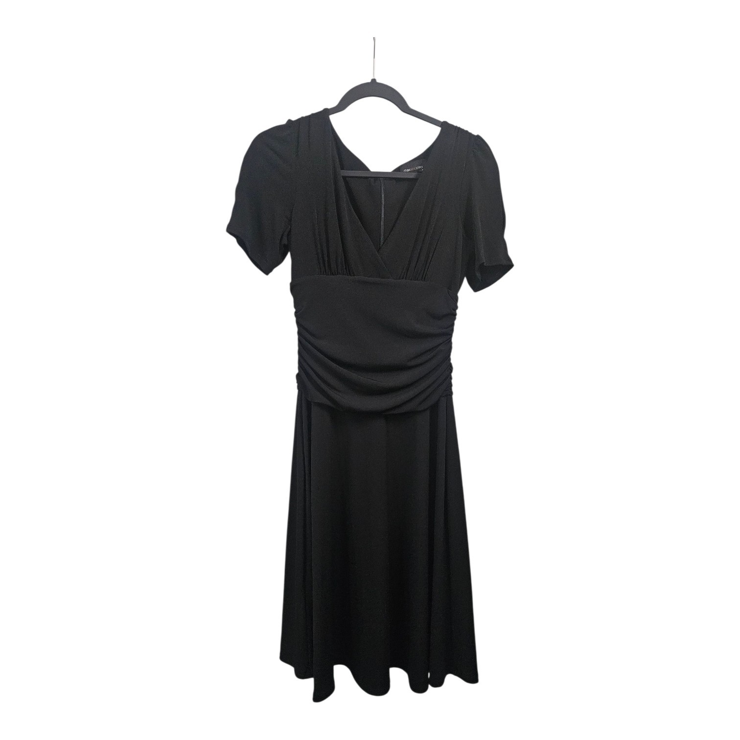 Max & Cleo Dress Size 6 Midi V-Neck Black S/S Ruching Unlined Hidden Back Zip