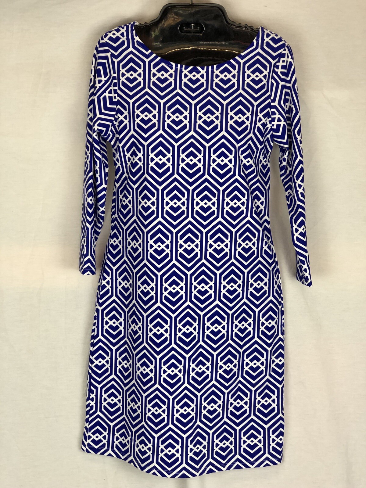 All For Color Dress S Blue White Print 3/4 Sleeve Royal Knot Lakeside Scoop Neck