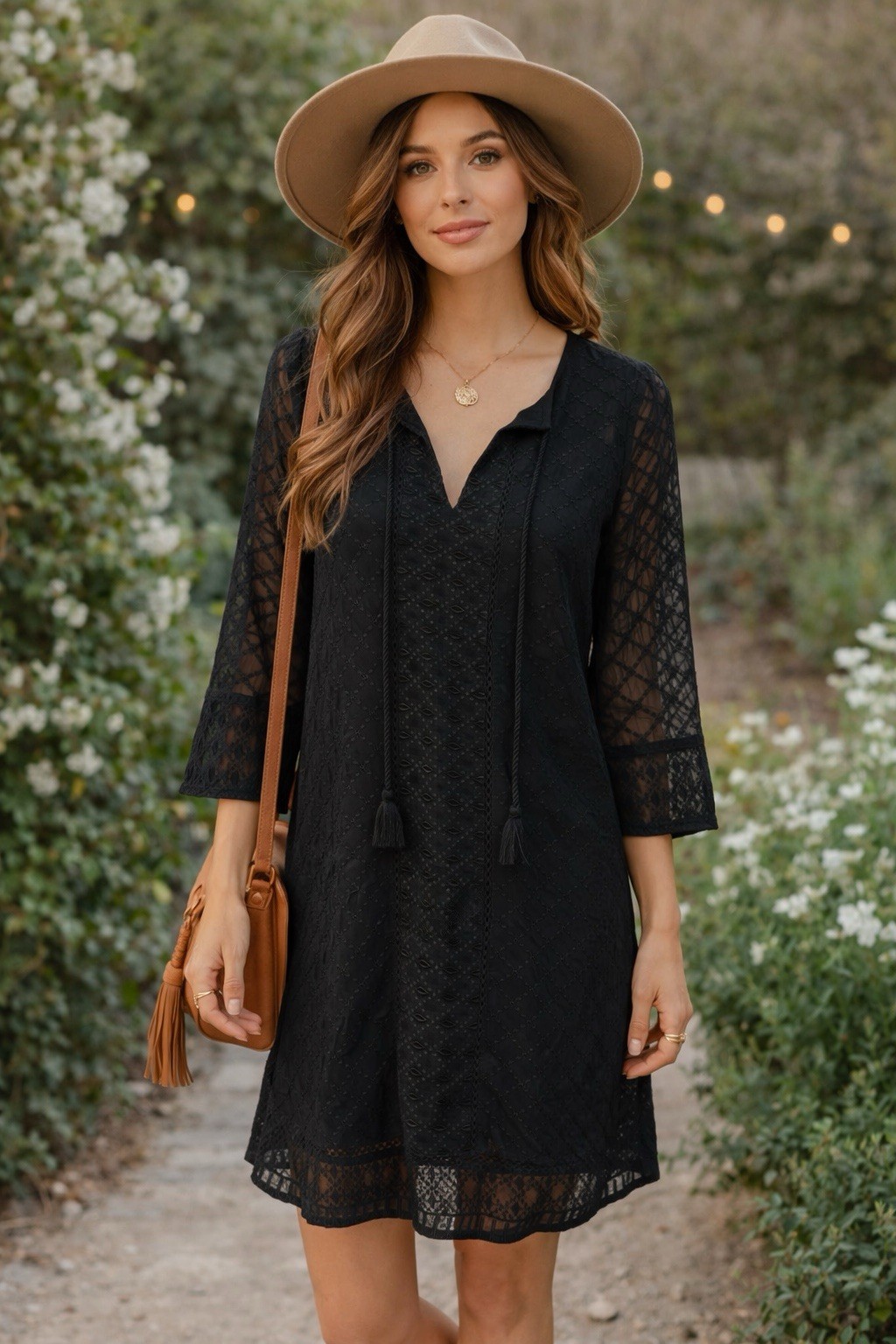 Lucky Brand Dress XS Black Lace Tassel Tie Shift Western Boho Festival Beach