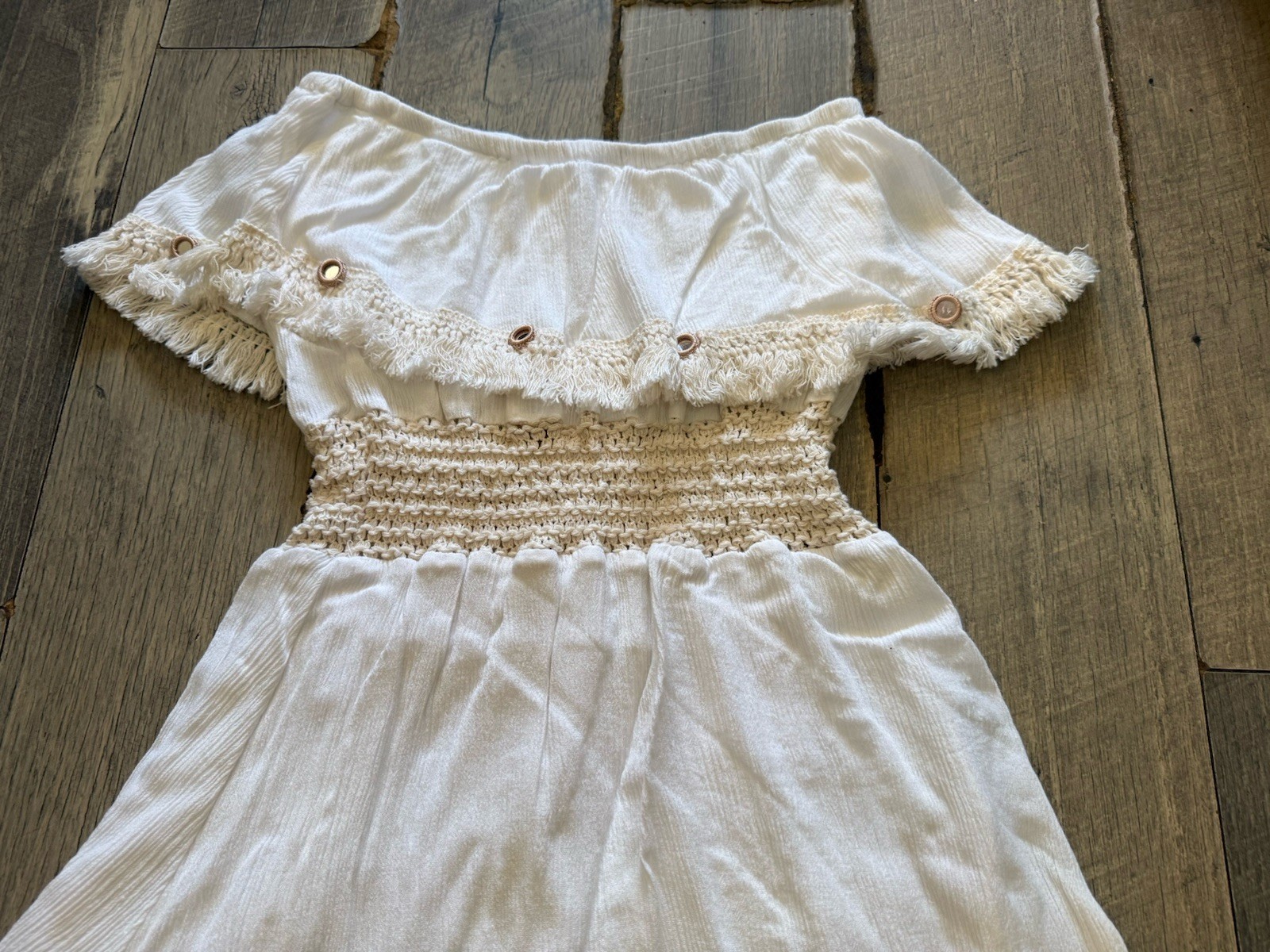 Ocean Drive off white strapless crochet fringe dress cover-up size S