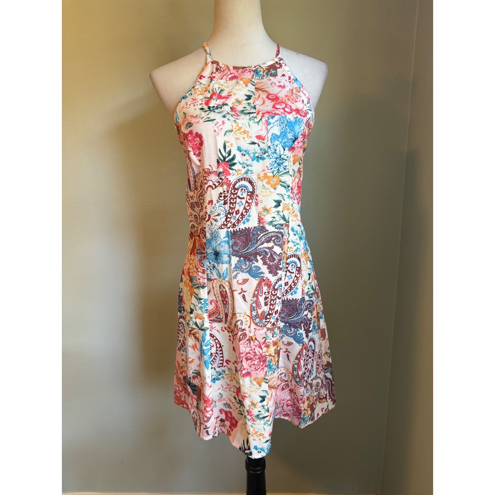Boho Floral Paisley Patchwork Halter Mini Dress Multi whimsi cottage fairy retro