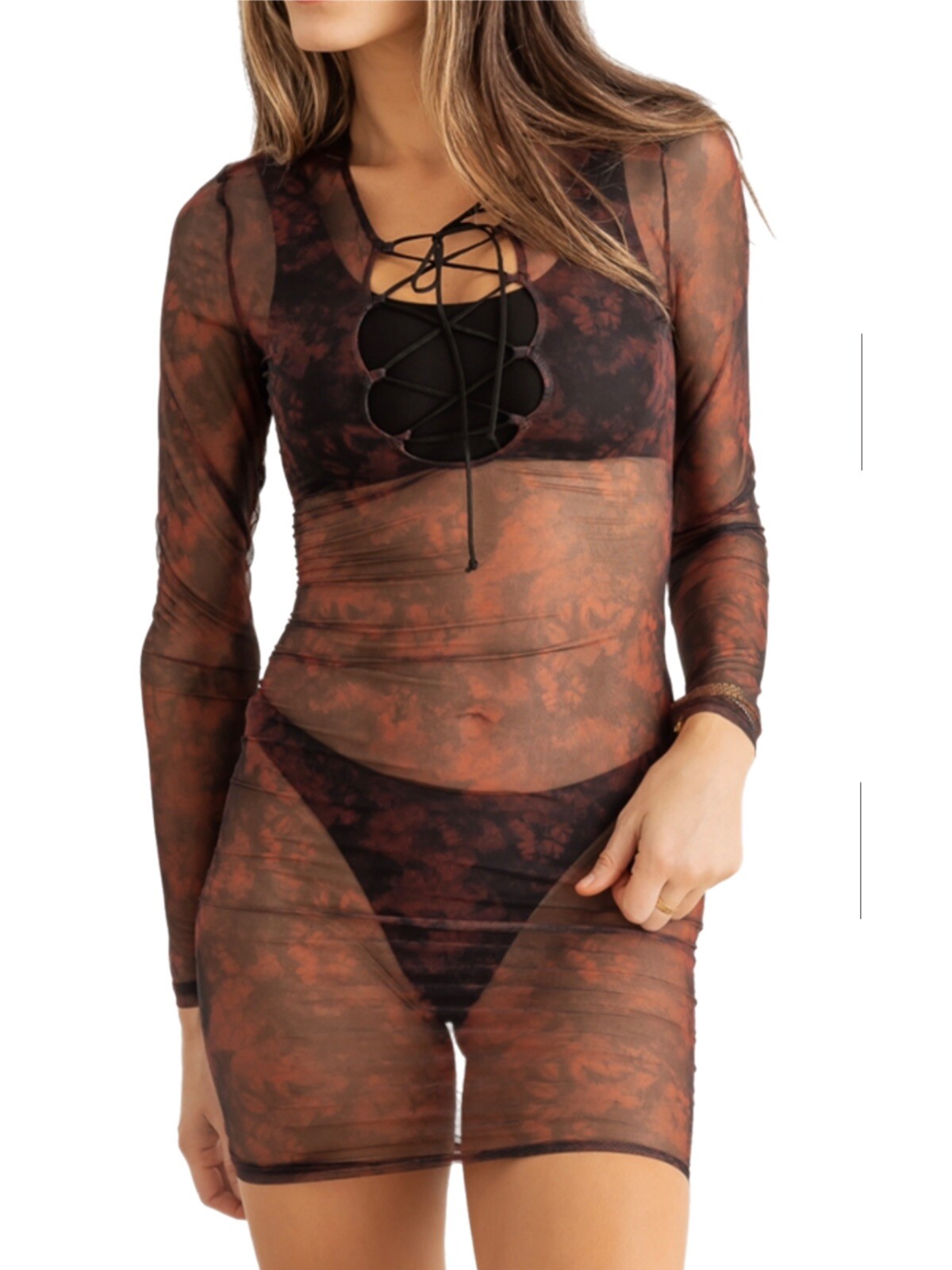 Biege & Mocha Abstract Mesh Lace-Up Neck Long Sleeve Mini Dress Semi-sheer Tunic