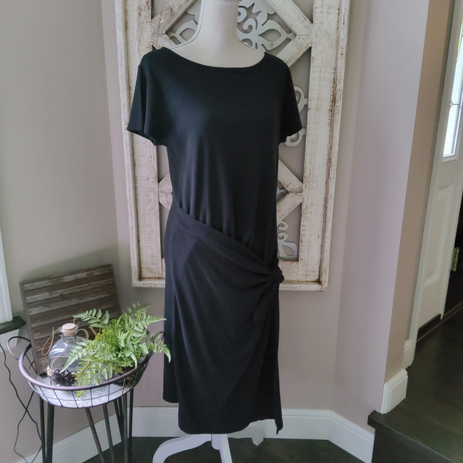 New Caslon Stretch Rib Cotton Tie Sarong Wrap Midi Dress in Black Asymmetric S