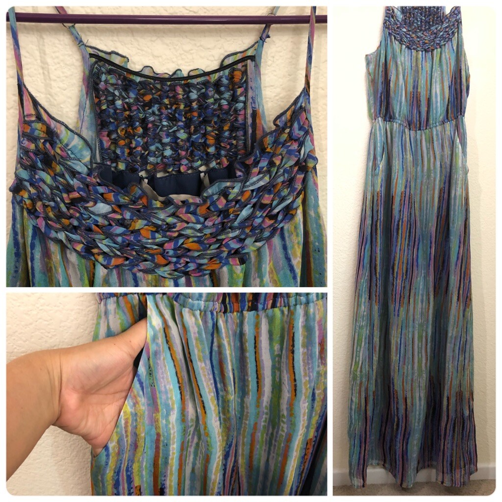 Presley Skye Small Long Maxi Dress Braided Spaghetti Strap Pockets Watercolor