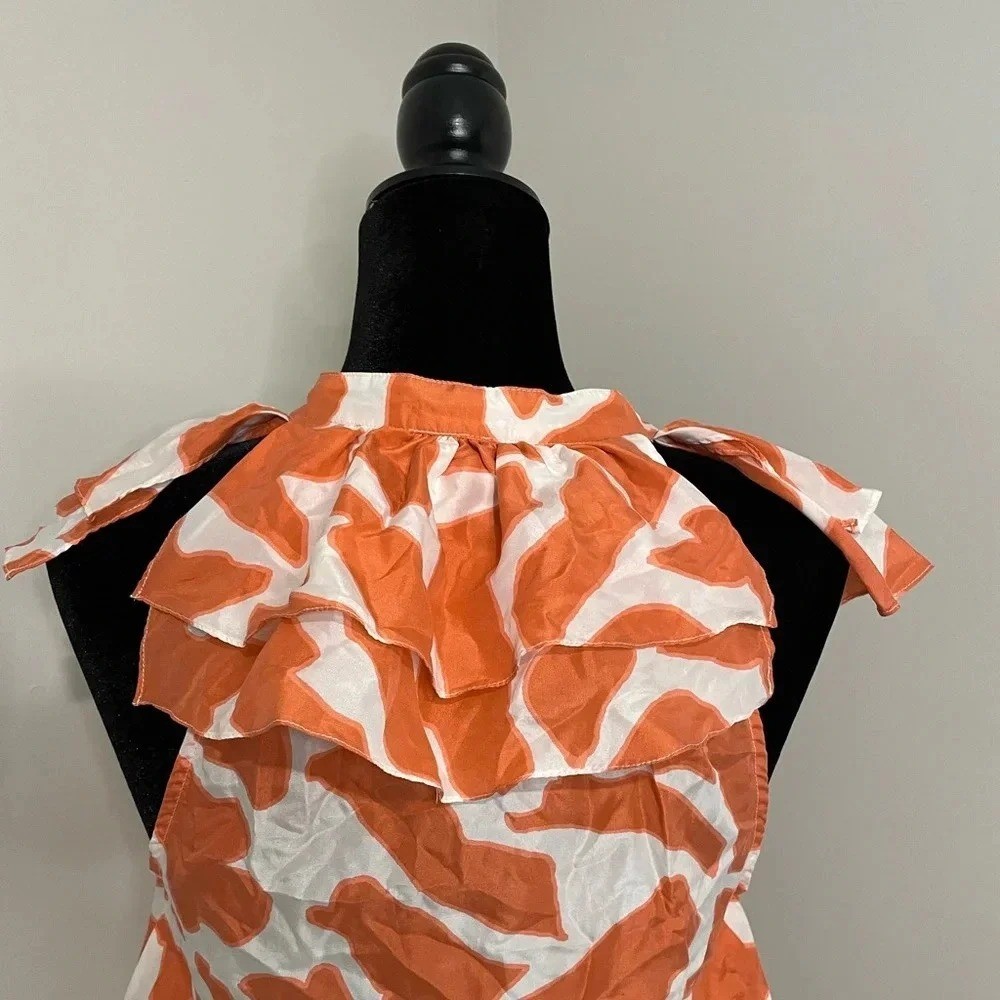 Ann Taylor Loft 100% Silk Coral and White Geometric Ruffle Sleeve Mini Dress