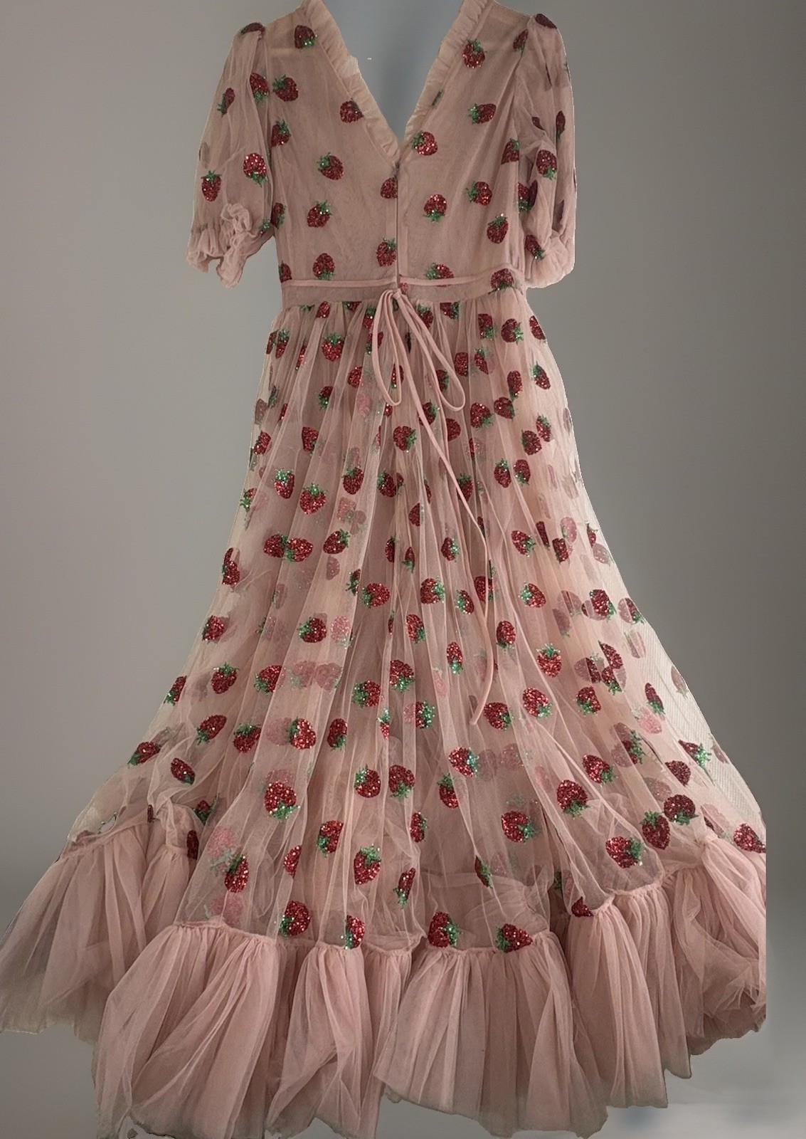 Lirika Matoshi Pink Strawberry Tulle Dress Puff Sleeve Midi V-Neck Lace Up Sz M