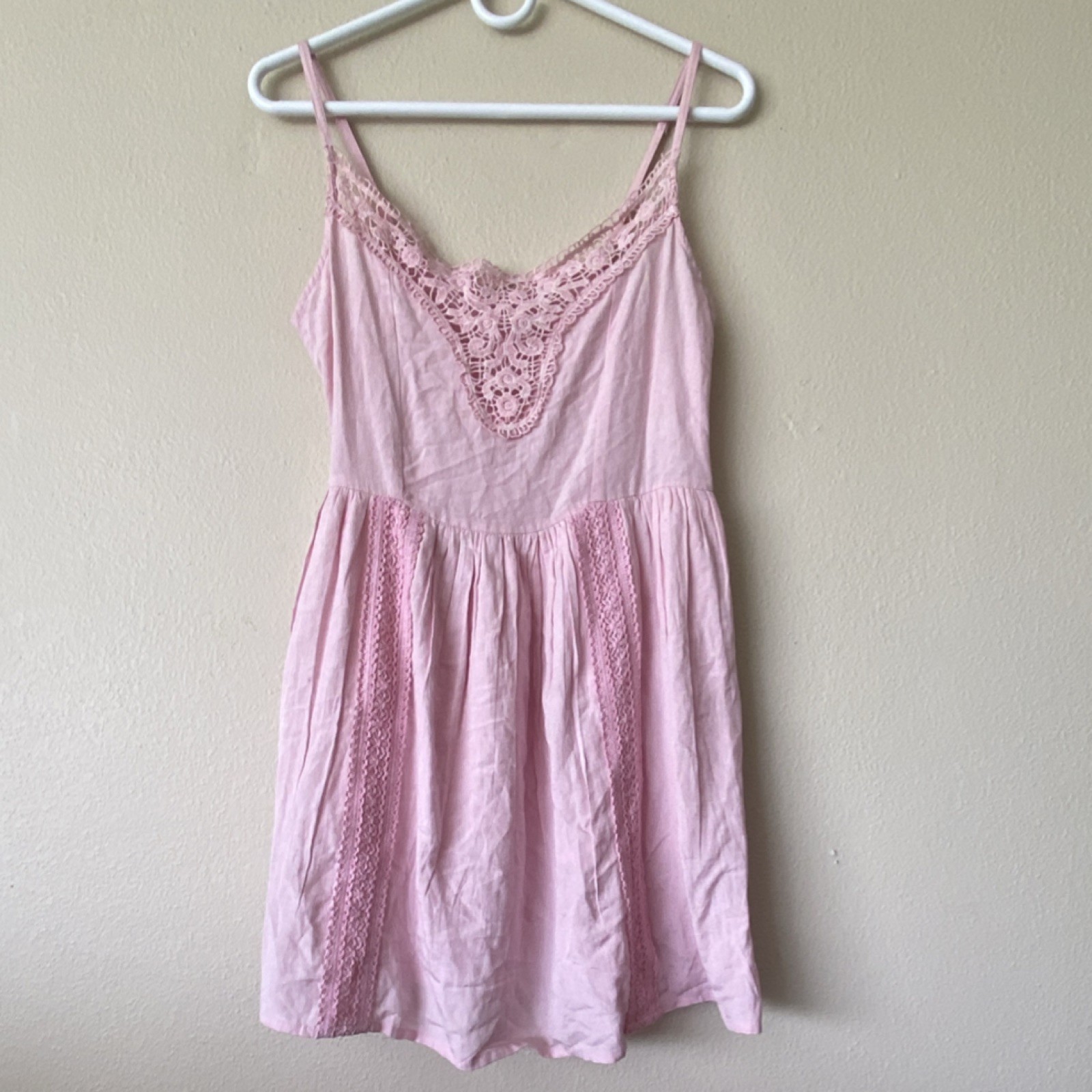 Jolie & Joy Pink Solid Lace Crochet Trim Scoop Neck Strappy Mini Dress M