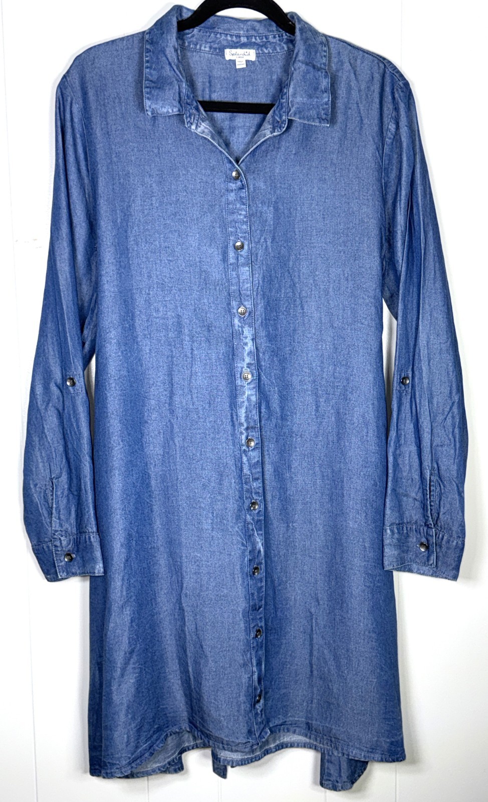 Splendid Blue Chambray Denim Tencel Button-Up Back Tie Roll Tab Shirt Dress L