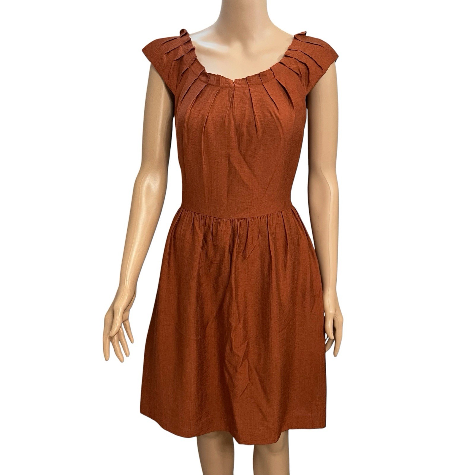 Cremieux Pleated Neckline Mini Dress 4 Fit And Flare Rust Brown Party Classic