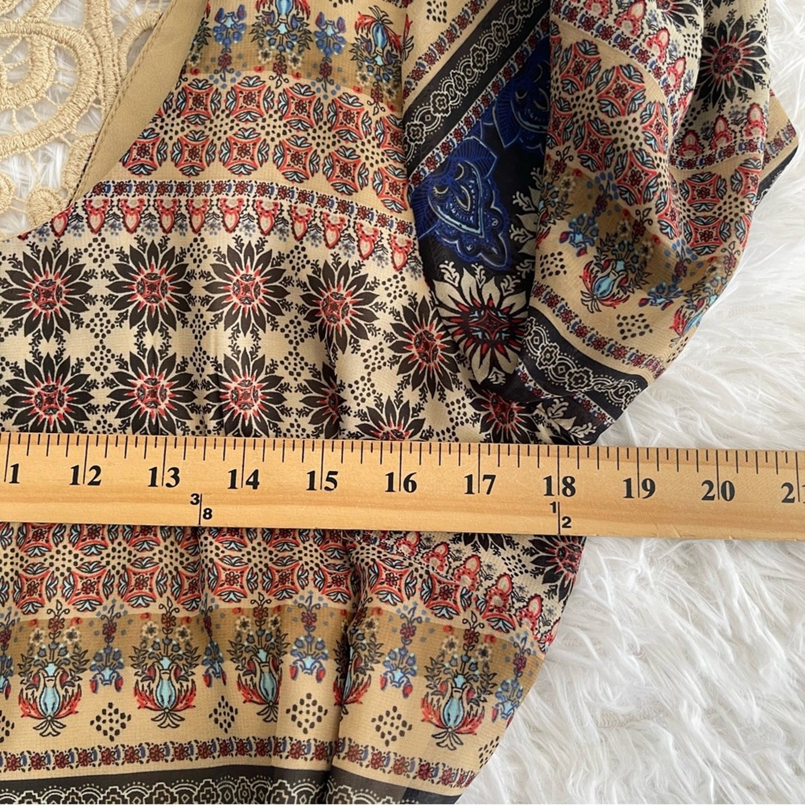 AUW Womens Crochet Back Floral Boho Dress Size Large Tan Navy Half Sleeve Lined