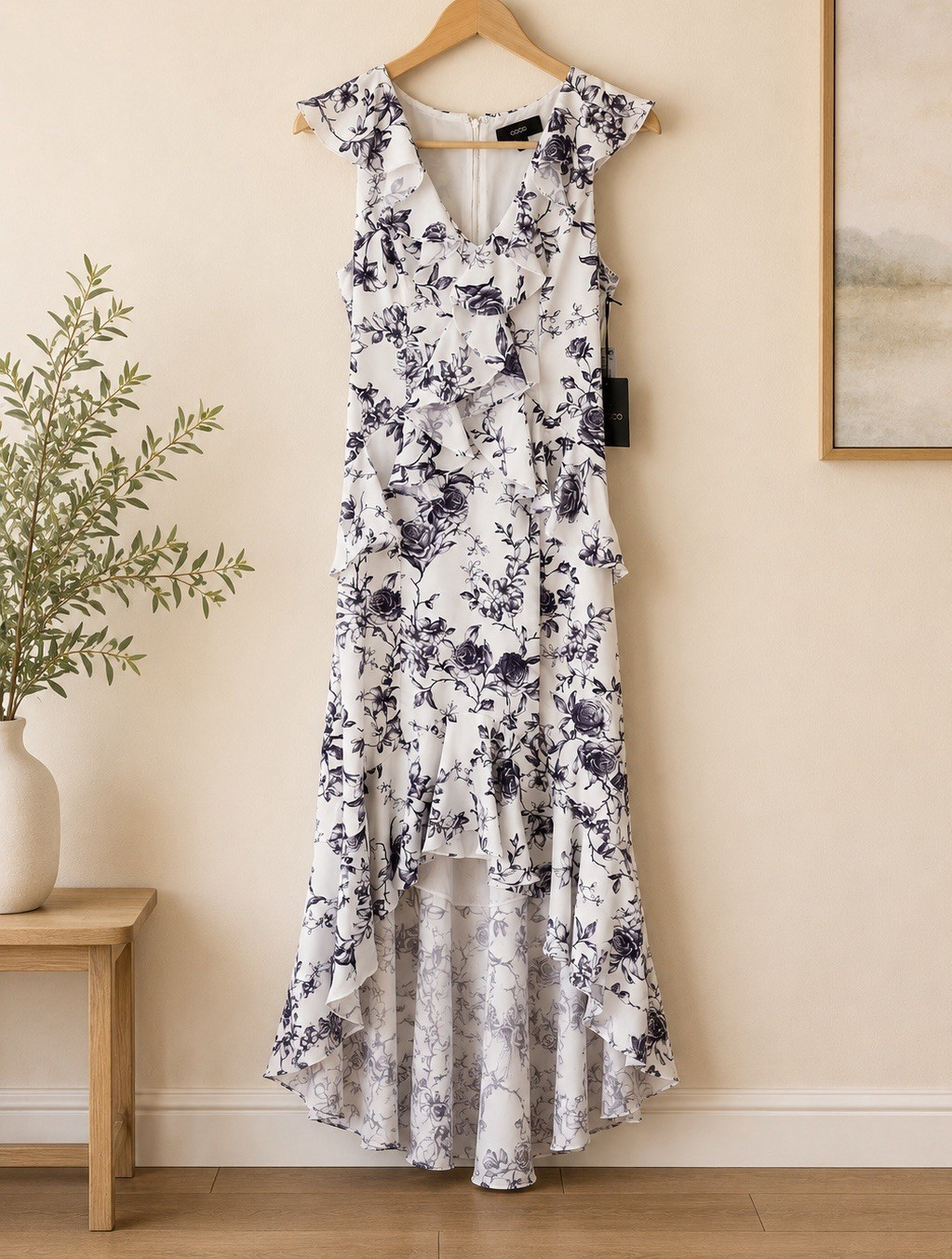 CeCe Floral High-Low Ruffle Dress Size 4 NWT White Purple Midi MSRP $149