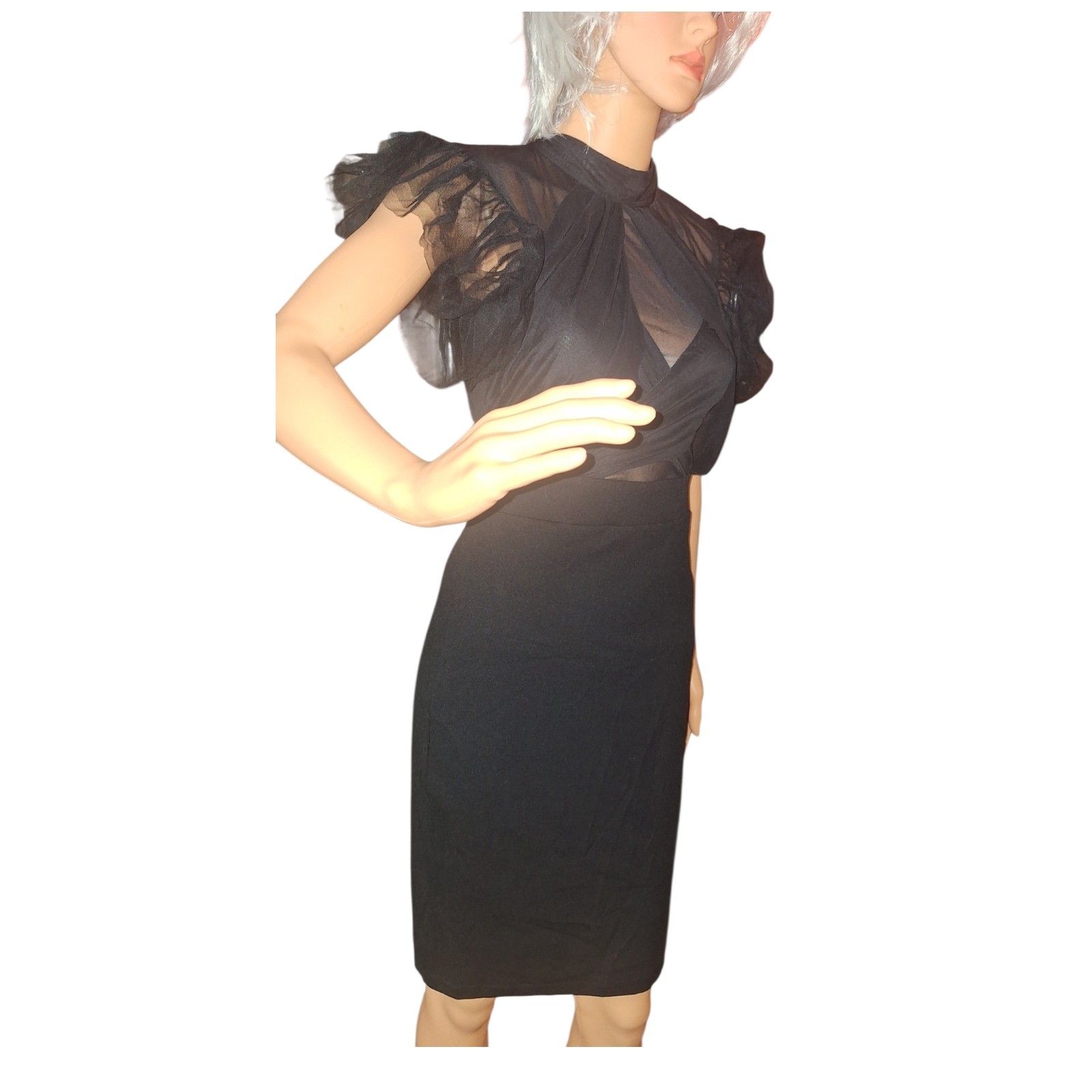 Whimsigoth Invented Class Black Mesh Midi Dress Sheer Ruffle Sz M Grunge Sexy