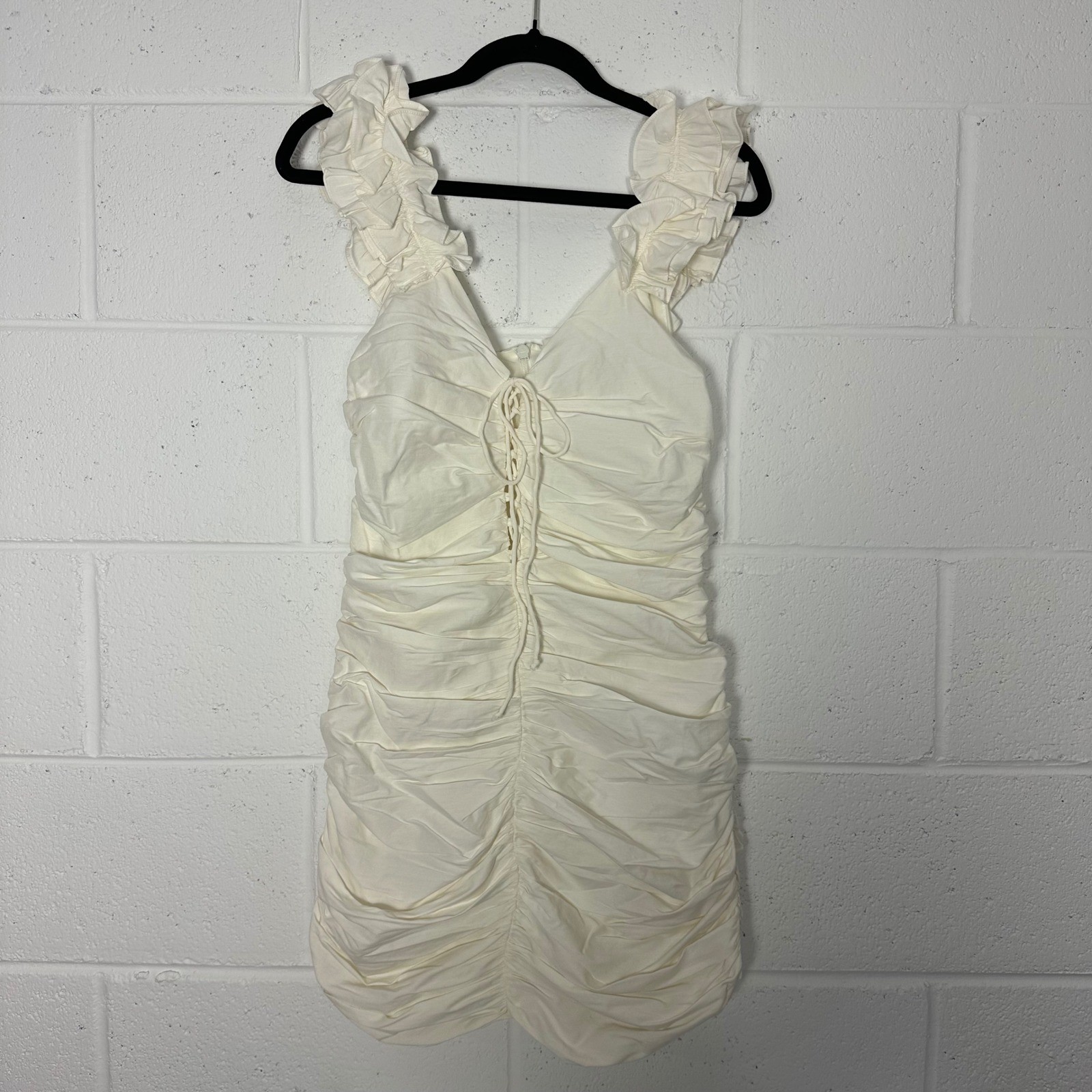 Zara White Ruched Ruffle Mini Dress Lace Up Front Sleeveless large