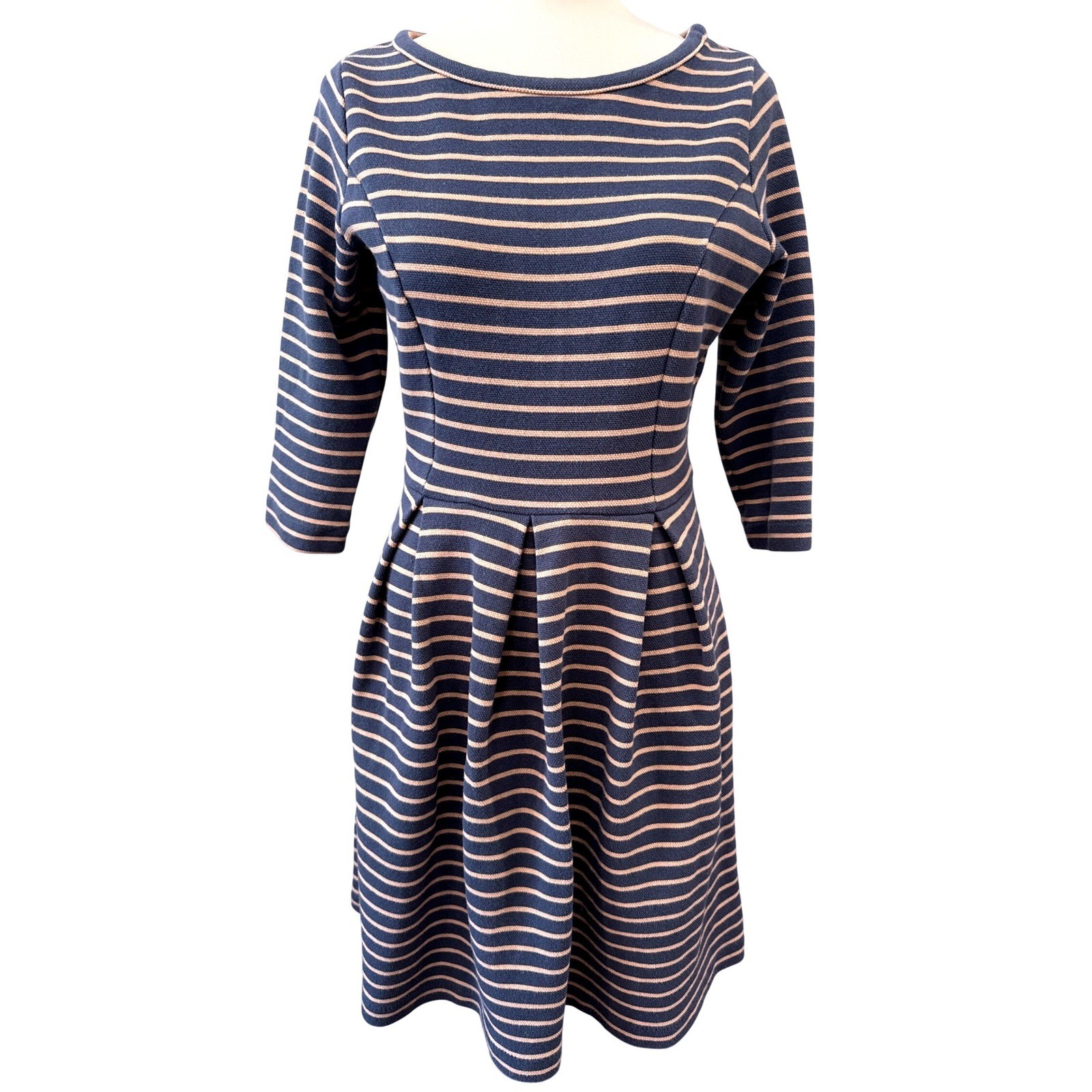 Boden Striped Knit Dress Blue Tan Fit Flare Long Sleeve Cotton Stretch Sz 8