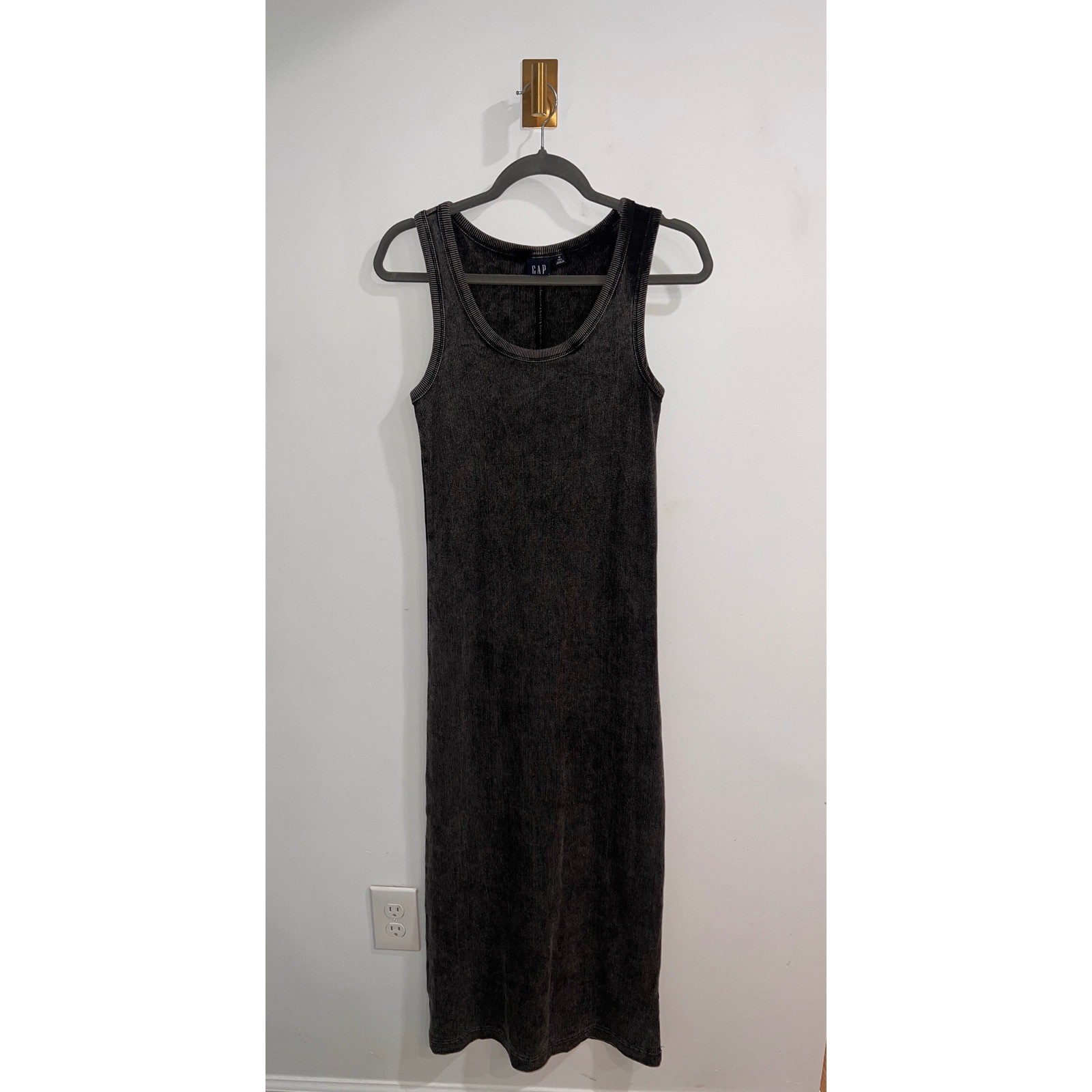 GAP Grunge Midi Dress Acid Wash Ribbed Knit Bodycon Casual Black Gray M Tall