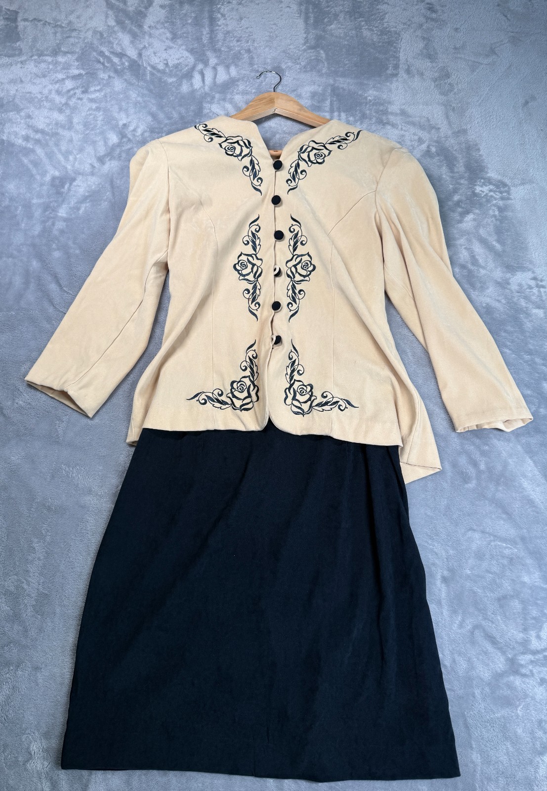 Vintage Karin Stevens Dress Womens 10P Beige Floral Embroidered