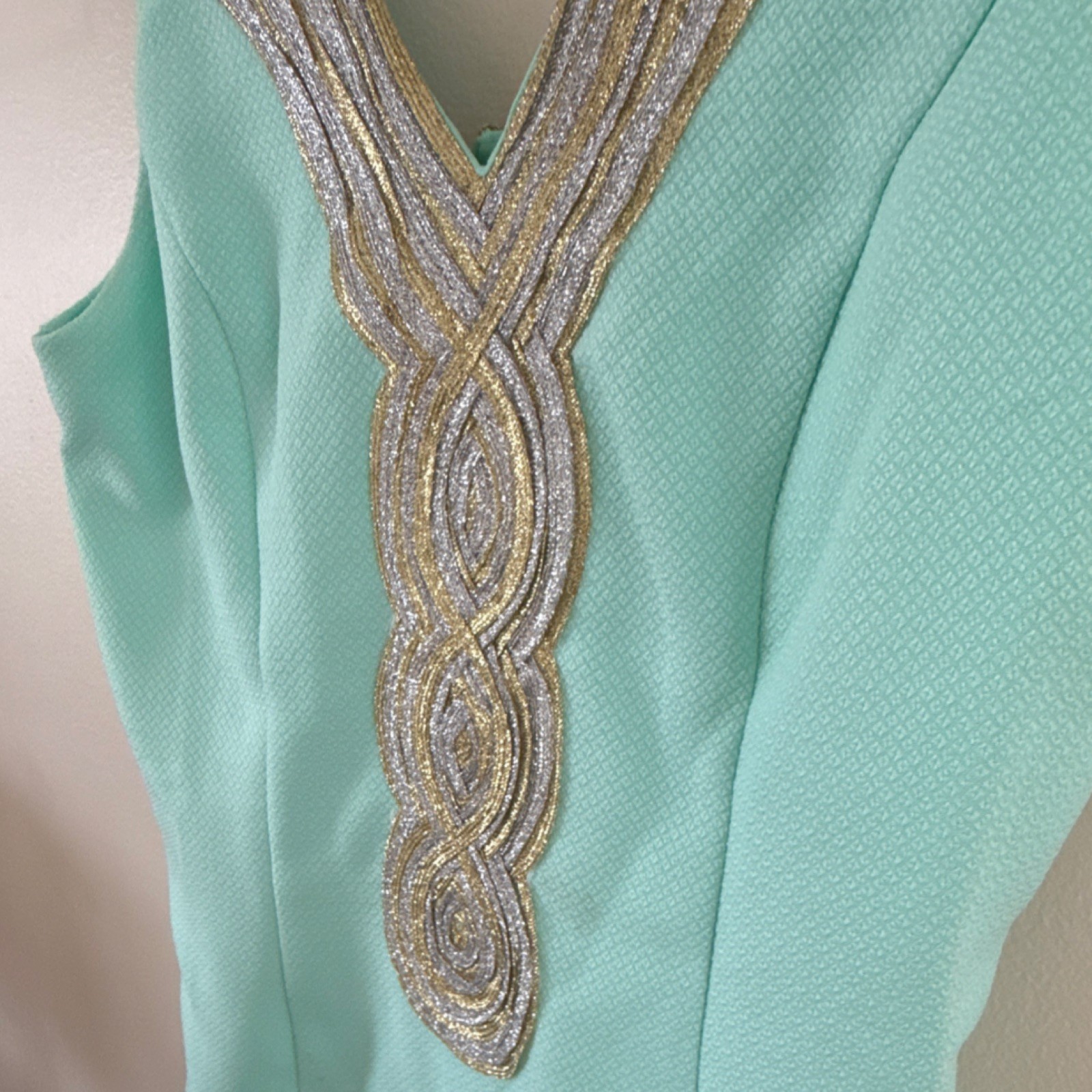 Pink Lily Mint Green Shift Dress S Sleeveless Metallic Trim Gold Silver