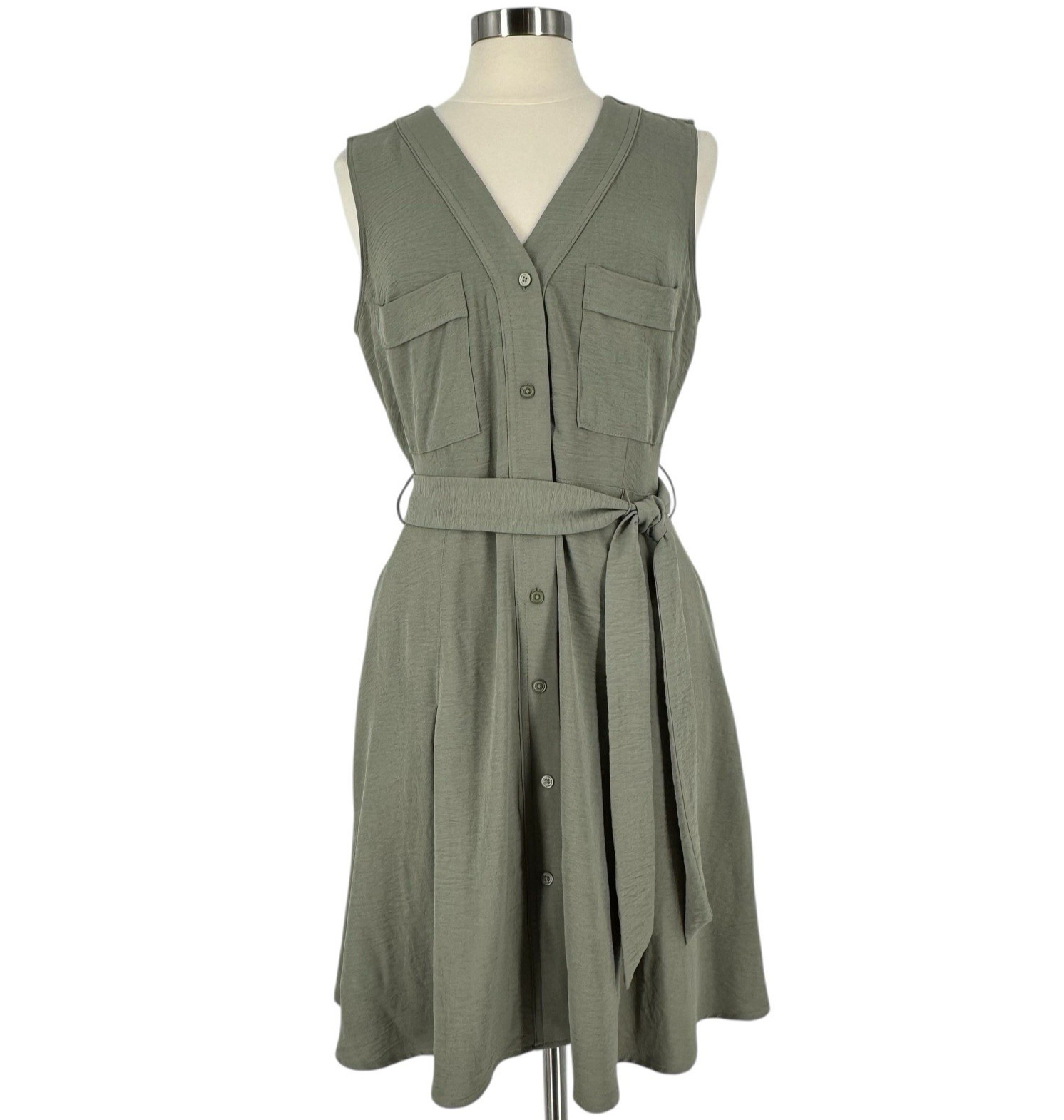 DKNY Sleeveless Button Front Belted Dress Pockets Olive Green Women’s 12 Utility