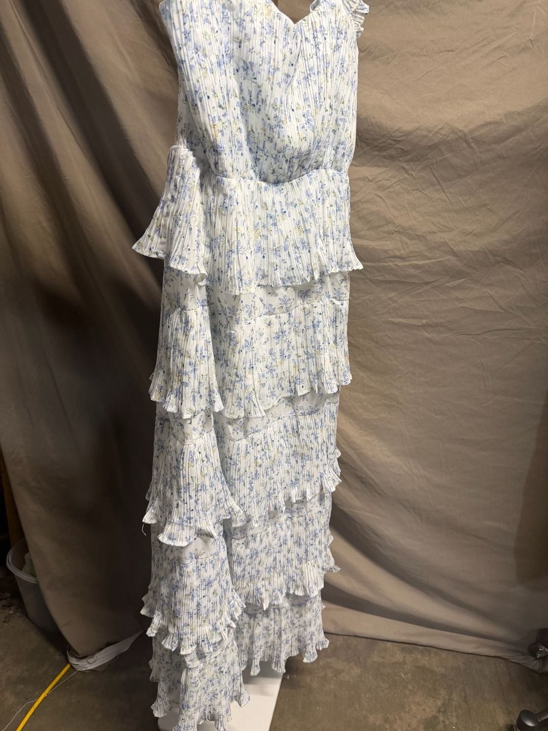 Just Me Blue Floral Pleated Tiered Midi Dress with Ruffle Straps. Waist 15 1/2-