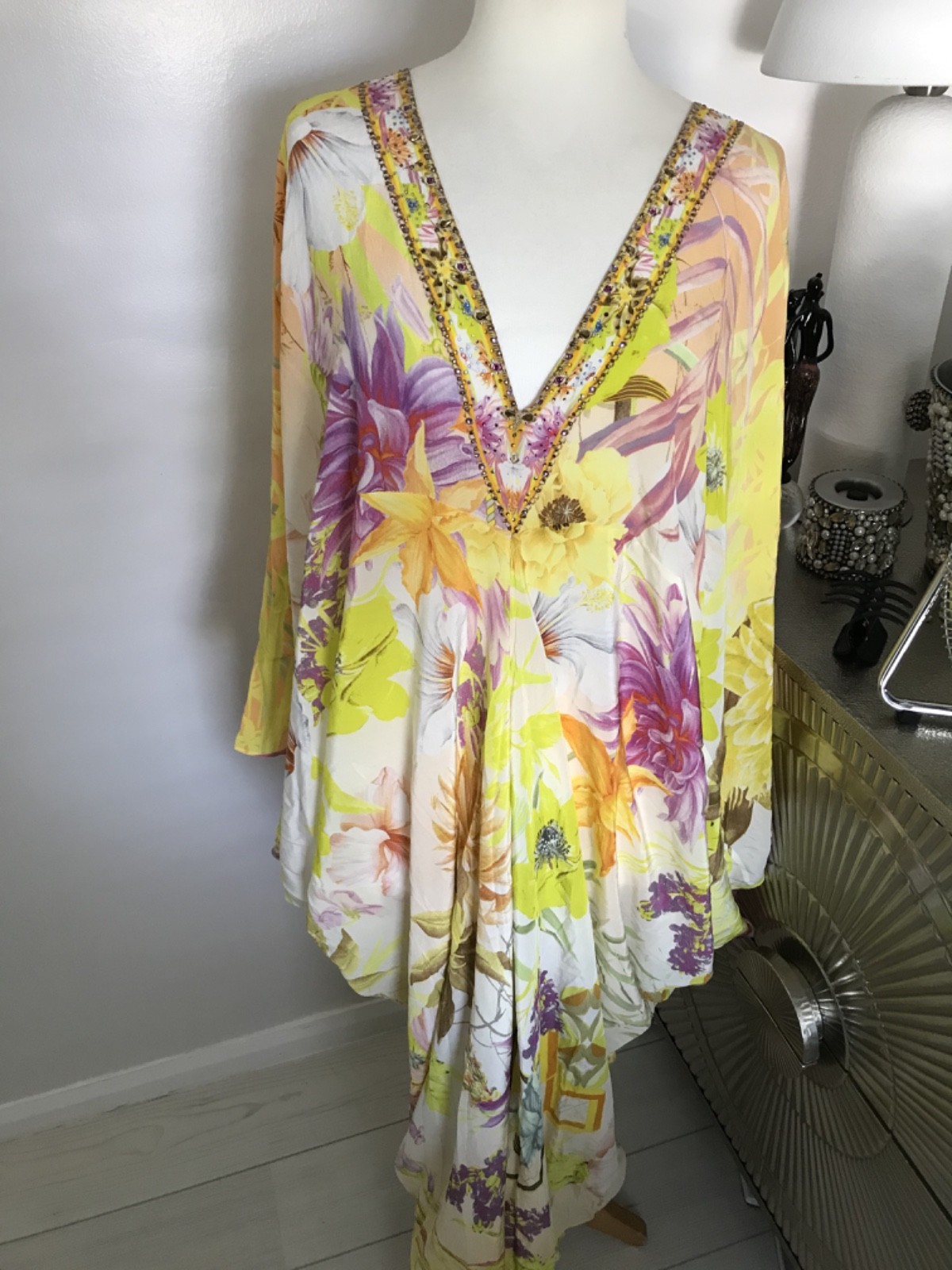 CAMILLA FRANKS YELLOW FLORAL T-SHAPE KAFTAN O/S