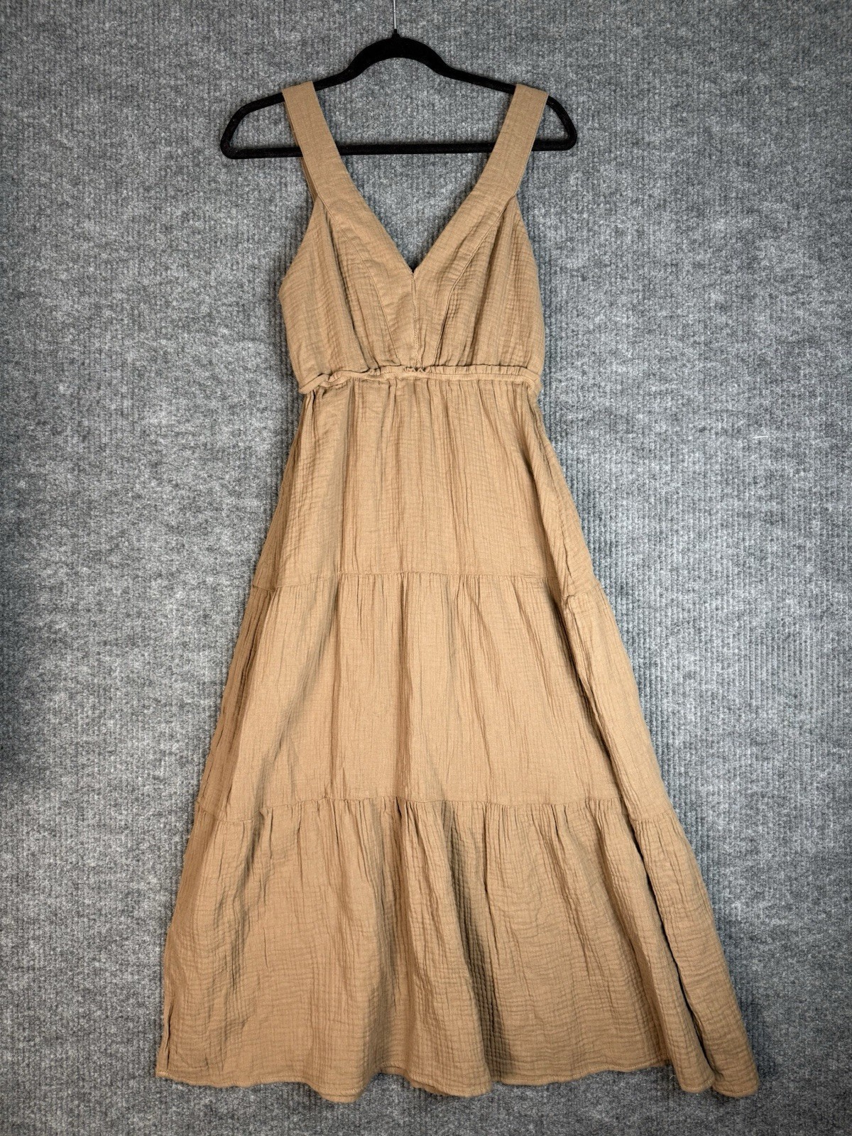 Steve Madden Amira Tiered Cotton Midi Dress Gauze Smocked Brown Tan Toast Size S