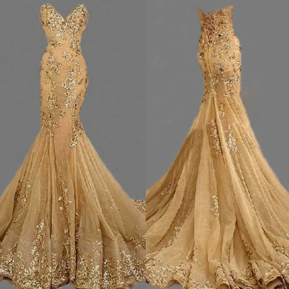 Gold Mermaid Evening Dresses Long Beaded Party Prom Pageant Formal Gowns Sequins